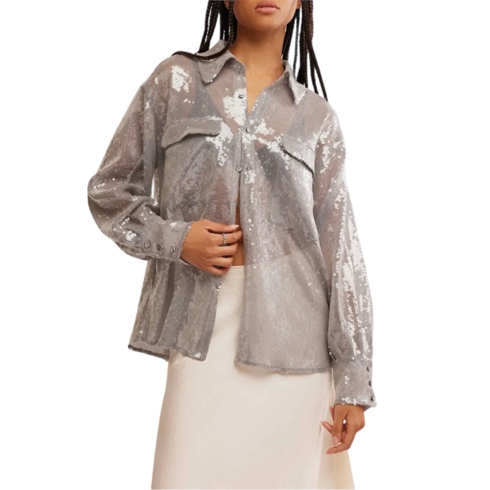 Free People Disco Margartia Button-Down Silver Sequin Blouse XS